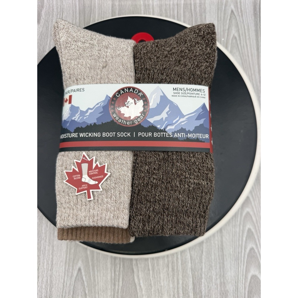 Canada Weather Gear 6-Pair Mens Size 6-12 Brown Moisture Wicking Boot Socks NEW